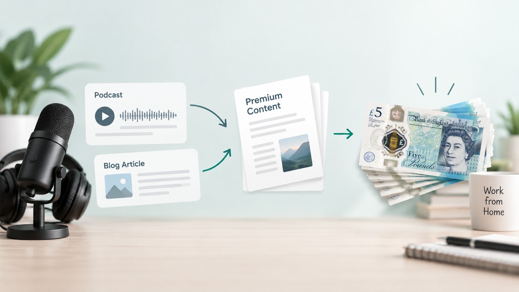 Workflow diagram showing a podcast recording transformed into a transcript, episode notes, an article and a summary